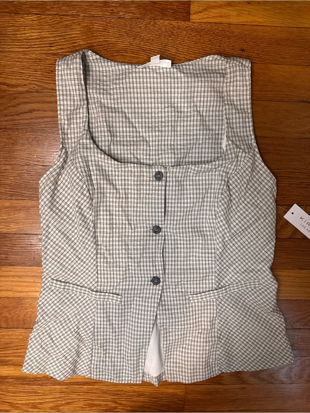 NWT Checkered Button Front Peplum Vest Top Square Neck